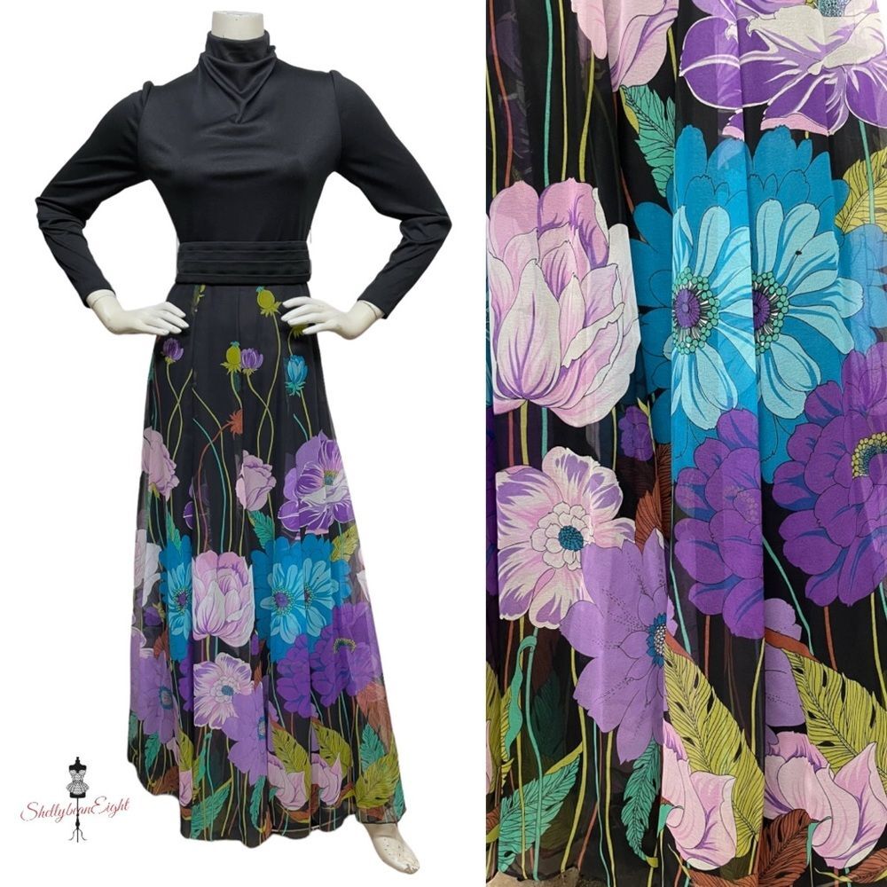 VINTAGE 70s Floral Mock Cowl Neck Maxi Dress Sheer Overlay Skirt Vtg 12 Fits 8 M